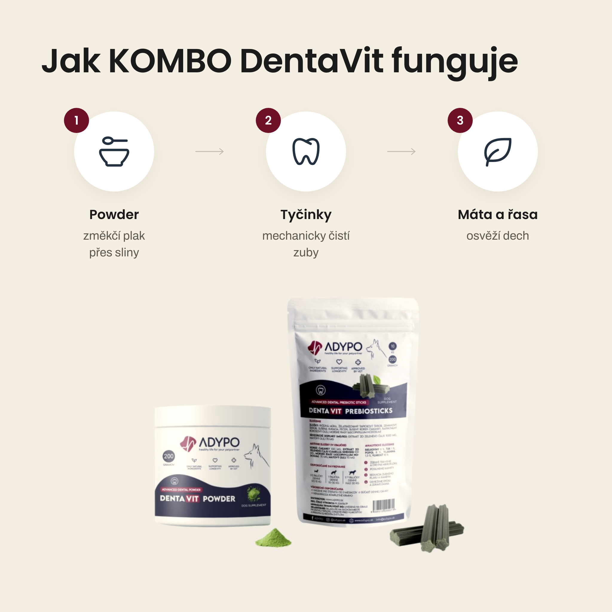 Jak KOMBO DentaVit funguje – powder, tyčinky, máta a řasa