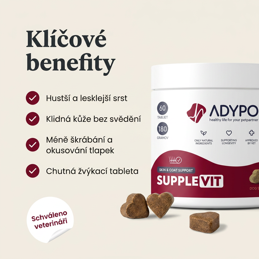 ADYPO SuppleVit – klíčové benefity: hustší srst, klidná kůže, méně škrábání, chutná žvýkací tableta