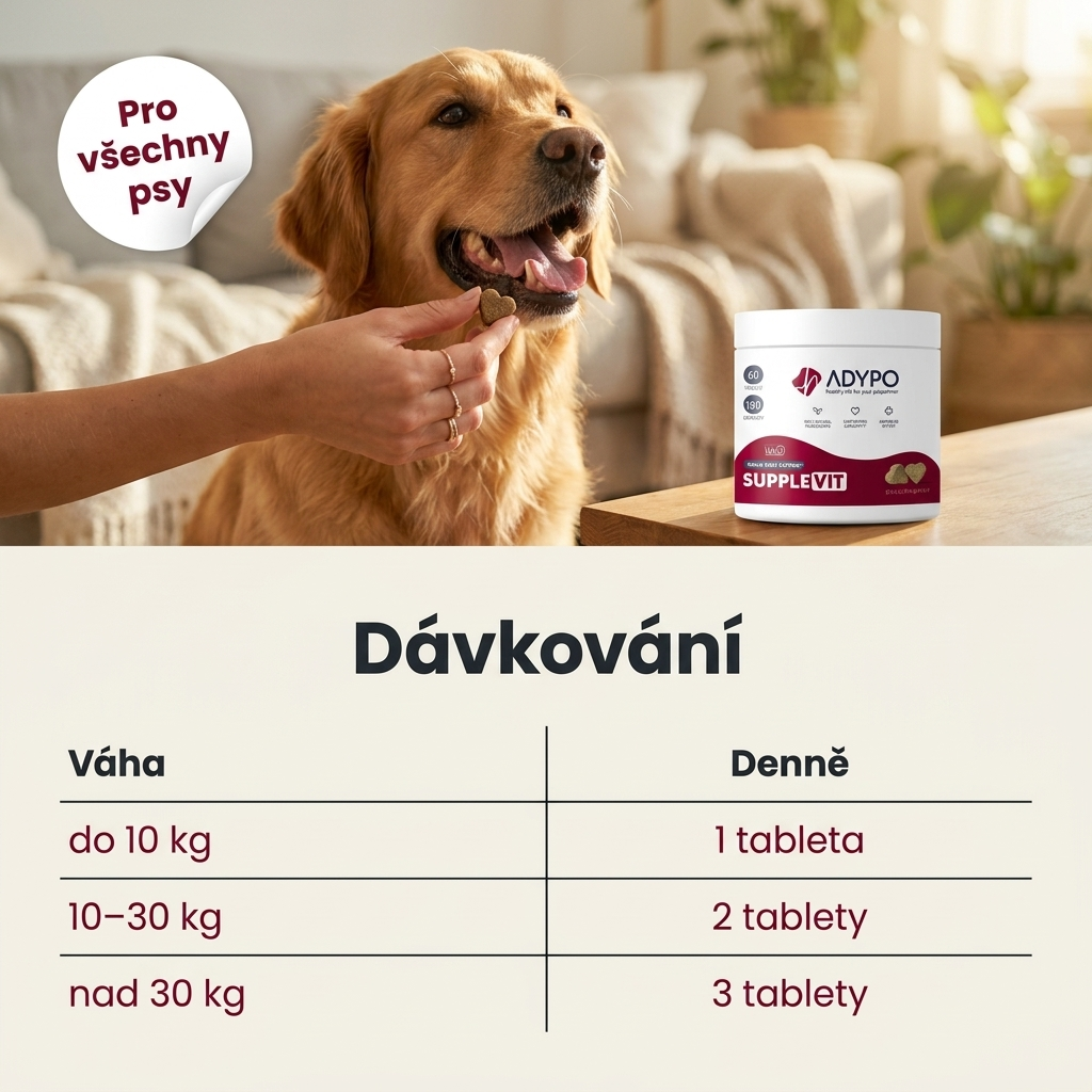 Dávkování SuppleVit podle váhy psa – 1 až 3 tablety denně