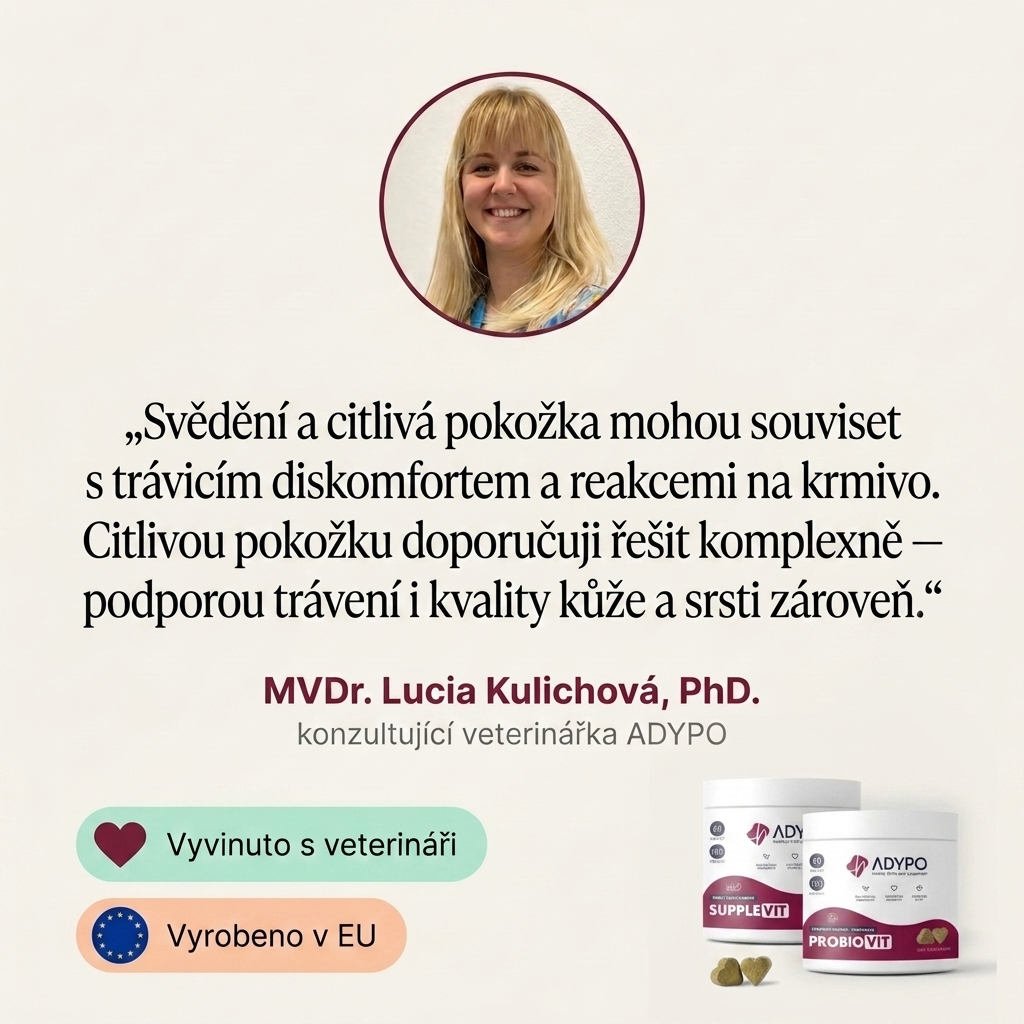 Doporučení veterinářky MVDr. Lucie Kulichové — citlivou pokožku řešit komplexně podporou trávení i kůže