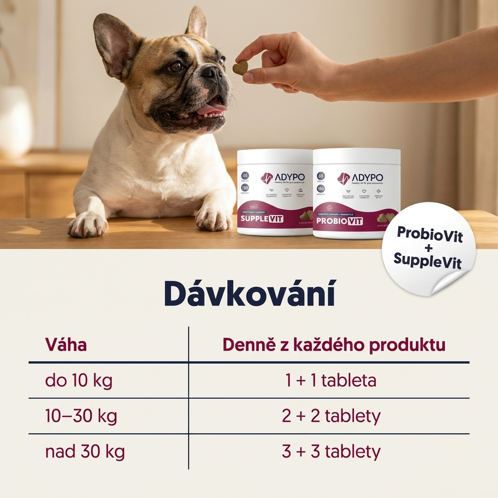 Dávkování Allergy Combo podle váhy psa — denně z každého produktu 1 až 3 tablety