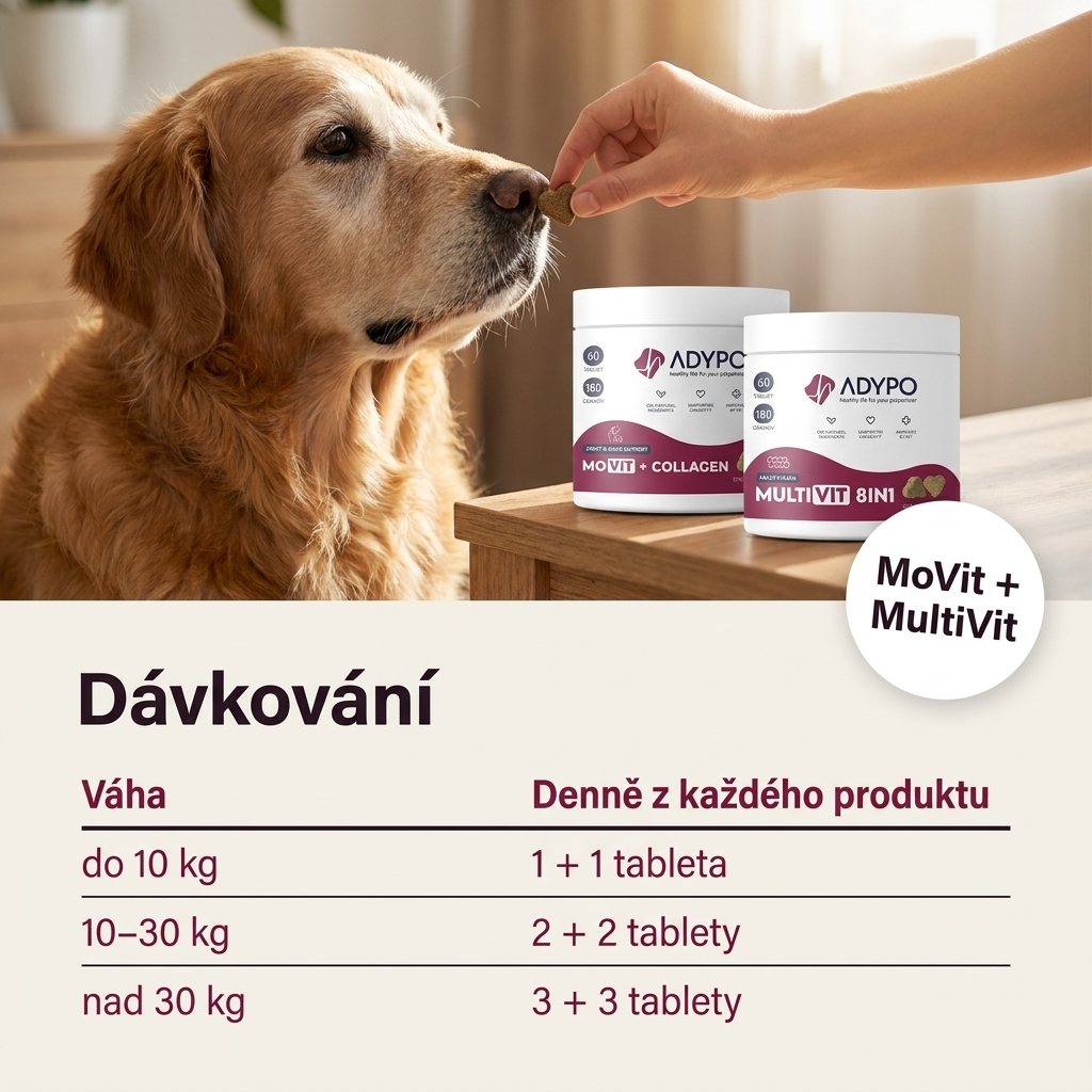 Dávkování Senior Combo — do 10 kg 1+1 tableta, 10–30 kg 2+2 tablety, nad 30 kg 3+3 tablety denně