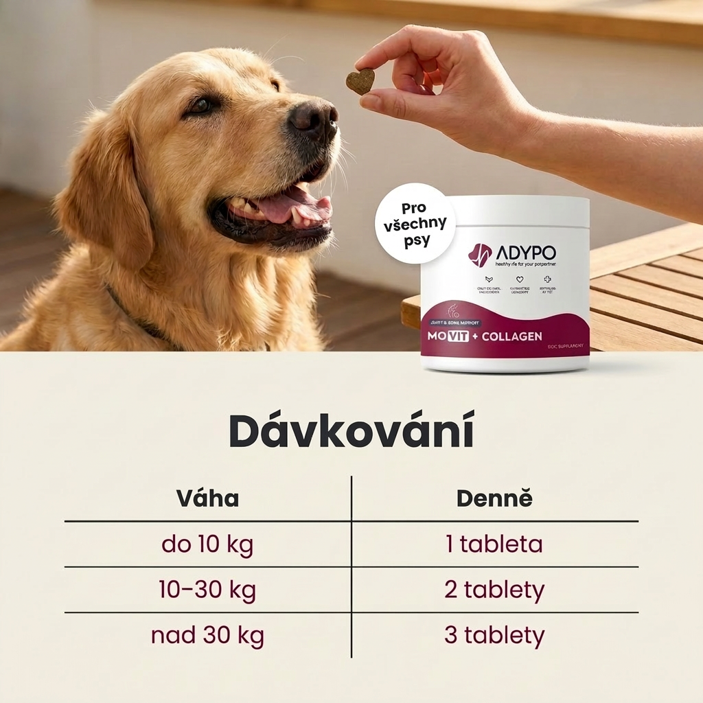 Dávkování MoVit podle váhy psa – 1 až 3 tablety denně