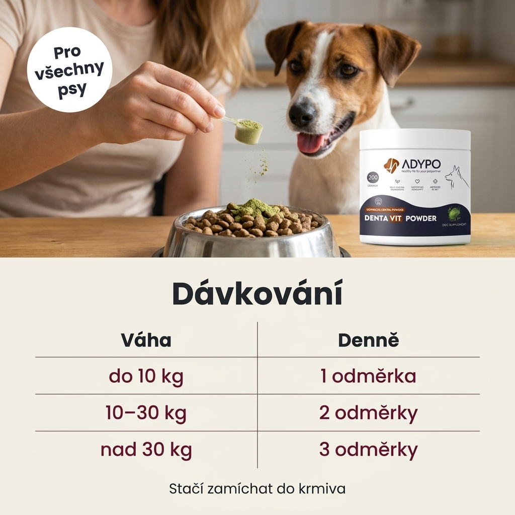 Dávkování Denta Vit Powder podle váhy psa – 1 až 3 odměrky denně, stačí zamíchat do krmiva