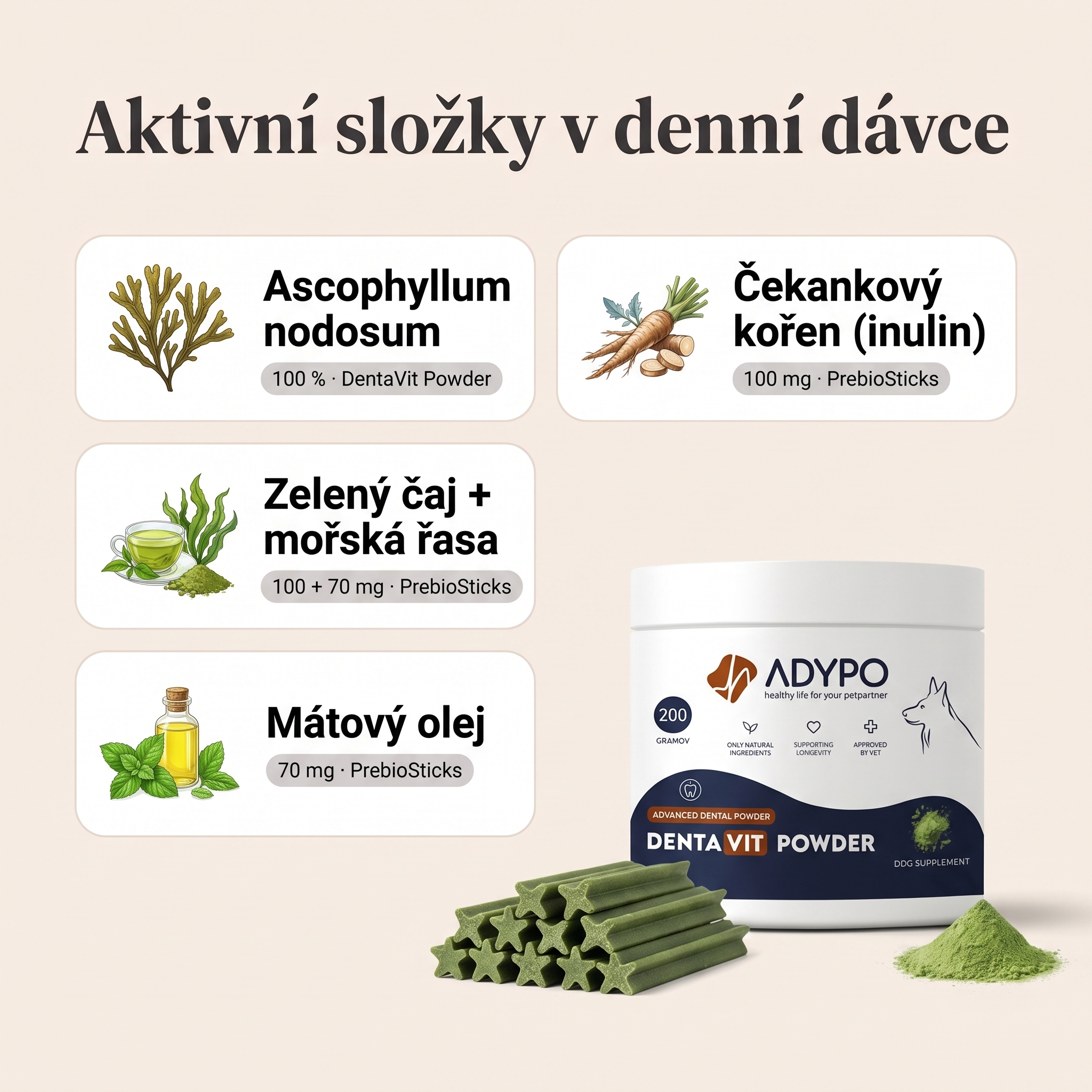 Aktivní složky v denní dávce – denta kombo